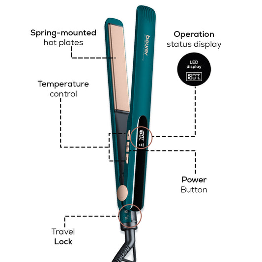 Beurer Hs 50 Ocean Premium Hair Straightener With Ceramic Keratin Coating, Led Display, Suitable For All Kind Of Hair (Green)