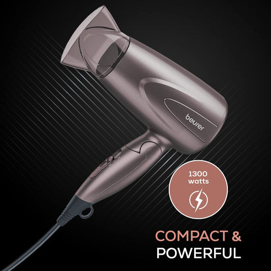 Beurer Professional Foldable, Travel Friendly, Compact 1300 Watts Hair Dryer With 2 Ultra Heat & Speed Settings, Automatic Overheating Protection, Metallic Color, Brown