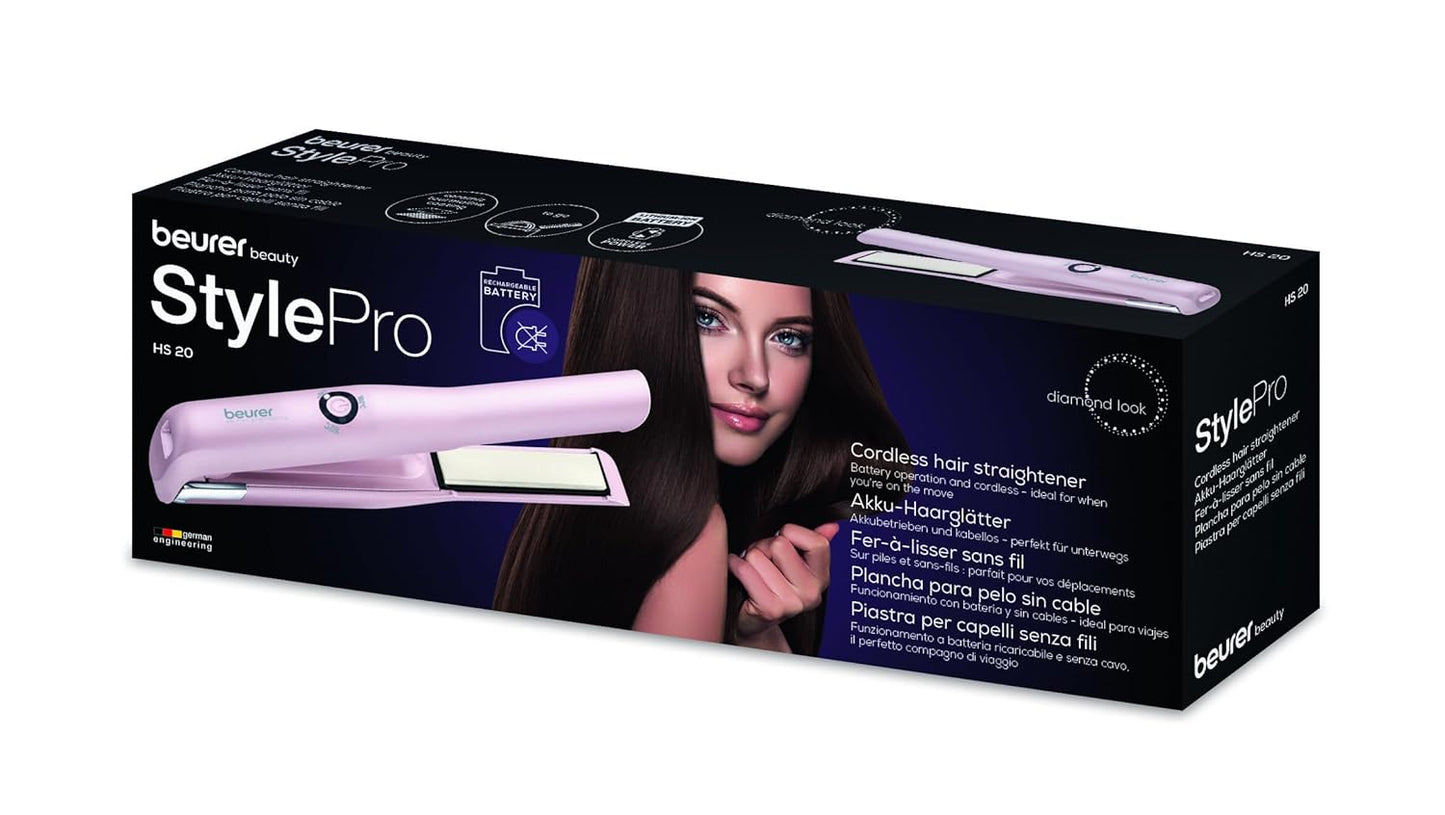 Beurer Hs 20 Cordless Hair Straightener, Battery Operation, Tourmaline Coating, Three Variable Temperature Settings (Pink)