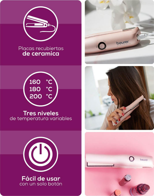 Beurer Hs 20 Cordless Hair Straightener, Battery Operation, Tourmaline Coating, Three Variable Temperature Settings (Pink)