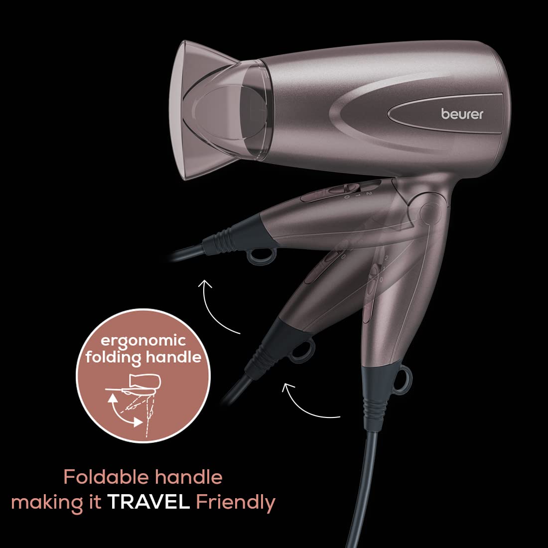 Beurer Professional Foldable, Travel Friendly, Compact 1300 Watts Hair Dryer With 2 Ultra Heat & Speed Settings, Automatic Overheating Protection, Metallic Color, Brown