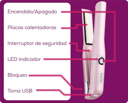 Beurer Hs 20 Cordless Hair Straightener, Battery Operation, Tourmaline Coating, Three Variable Temperature Settings (Pink)